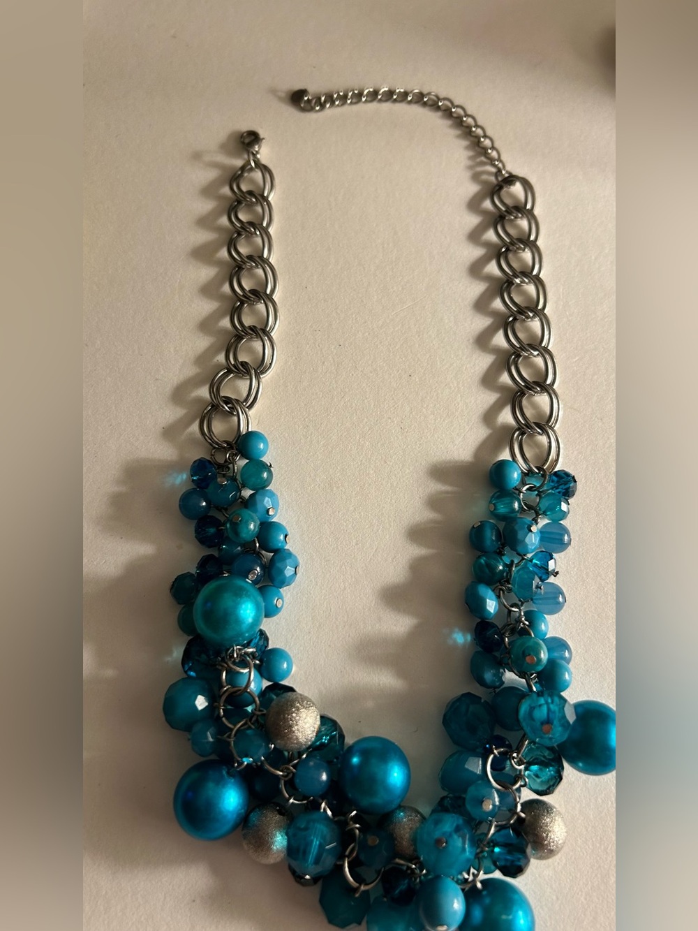Necklace Blue Moon Glow, faux satin “pearls”, silver frost metal & acrylic beads